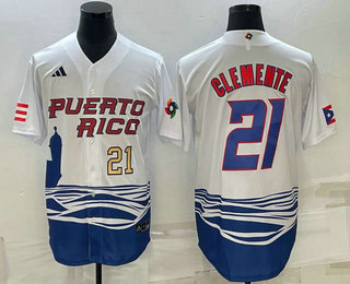 Mens Puerto Rico Baseball #21 Roberto Clemente Number 2023 White World Baseball Classic Stitched Jersey